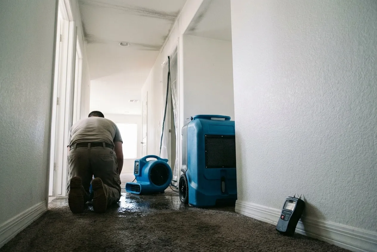 Drying equipment runs in a hallway soaked by firefighting water inside a north Phoenix home.