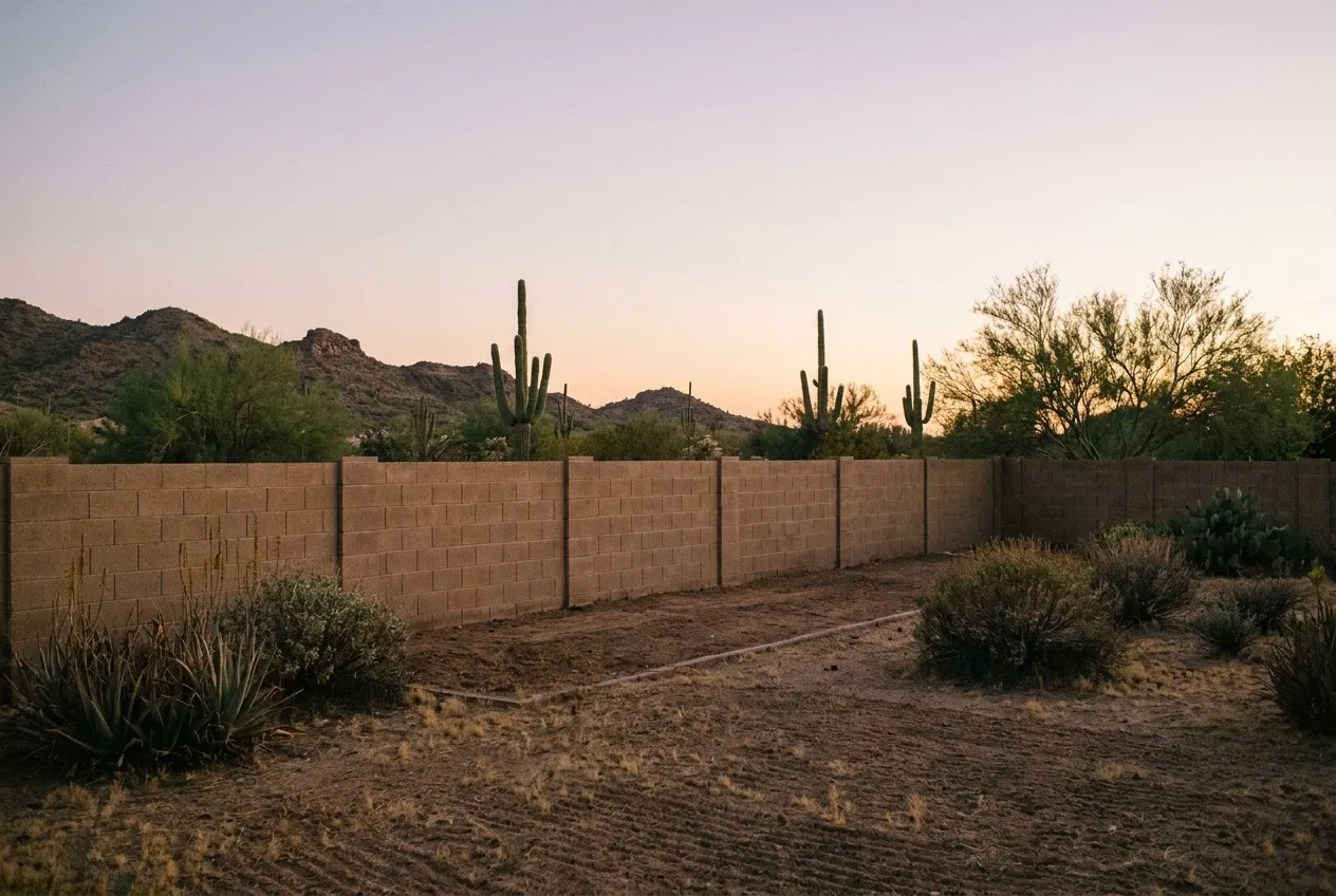 A trimmed strip of desert behind a block wall where a north Phoenix neighborhood meets open preserve land.