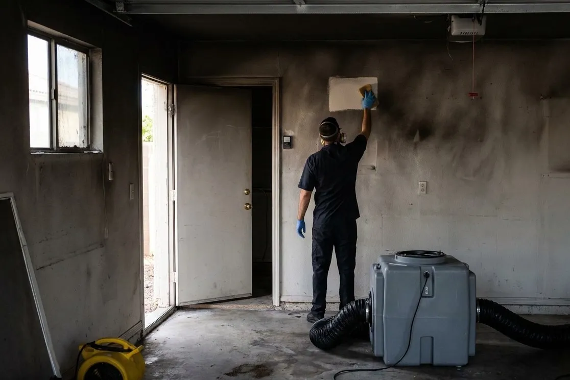 A technician wipes a soot test patch on smoke-darkened garage drywall beside the house-entry door in a north Phoenix home.