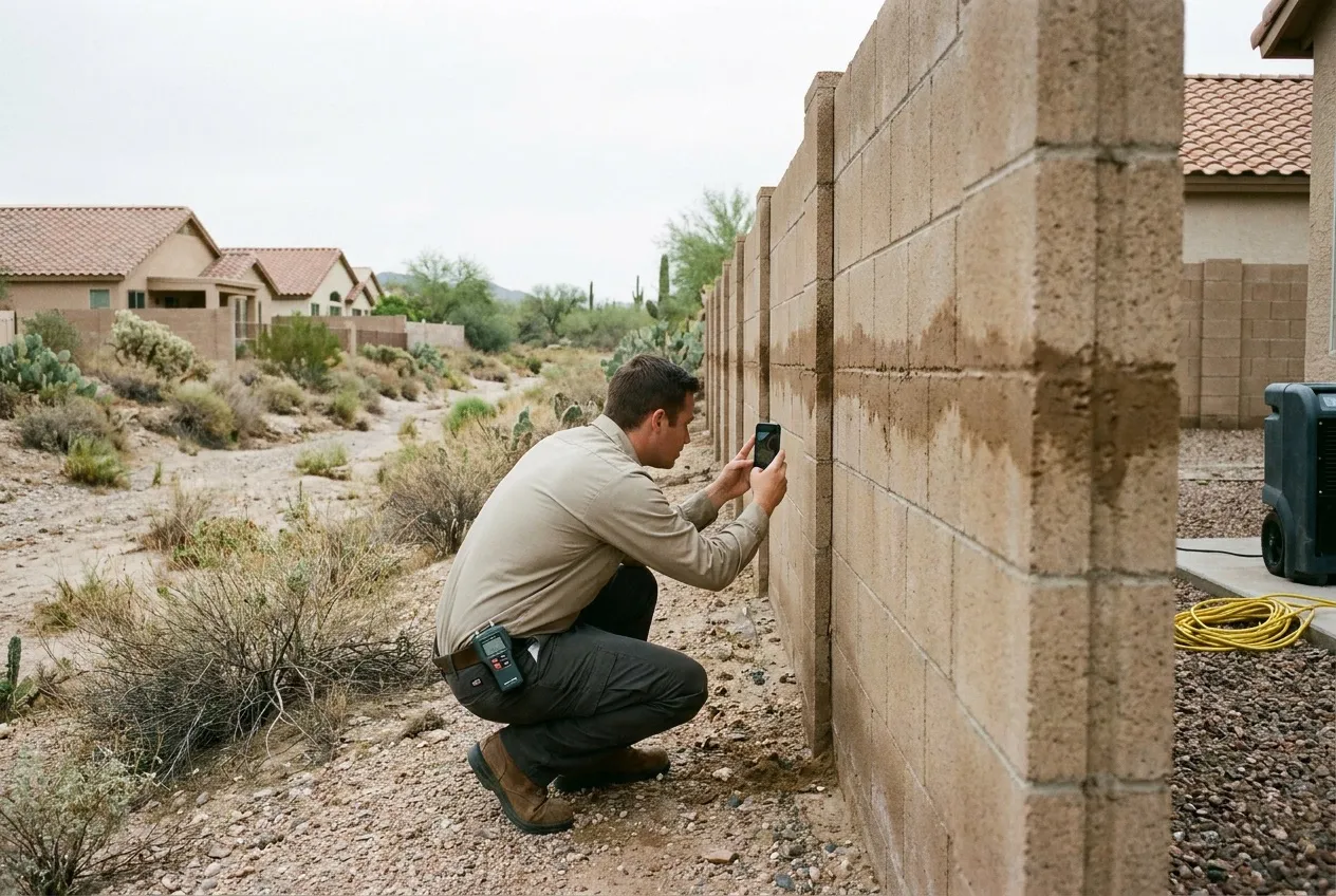 A technician photographs a fresh silt line along a north Phoenix block wall that backs onto a desert wash.