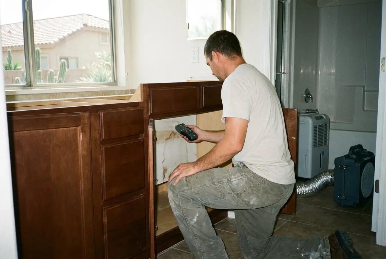 A technician checks the wall inside an open bathroom vanity in a north Phoenix home with a moisture meter.