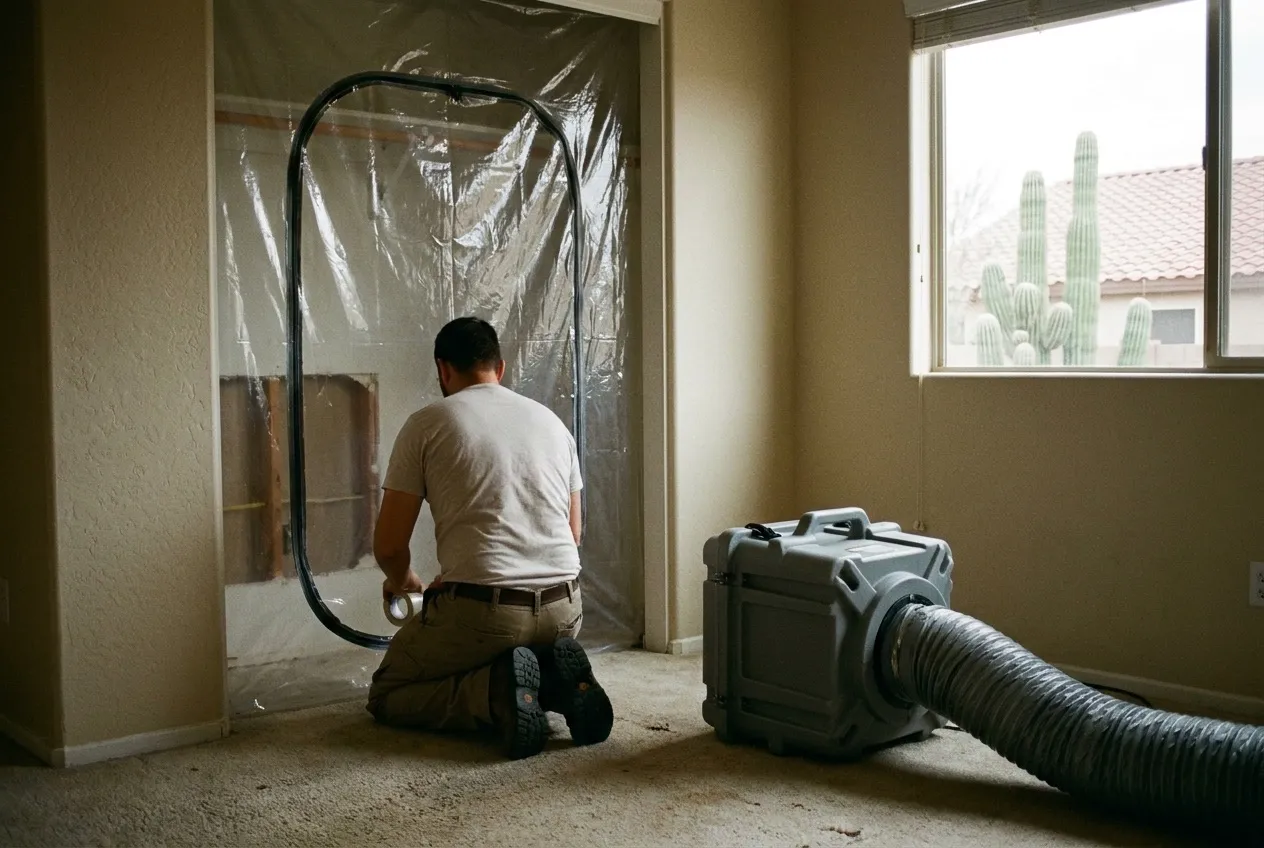 A technician seals plastic containment around an opened closet wall in a north Phoenix home while a HEPA air scrubber runs on the floor.