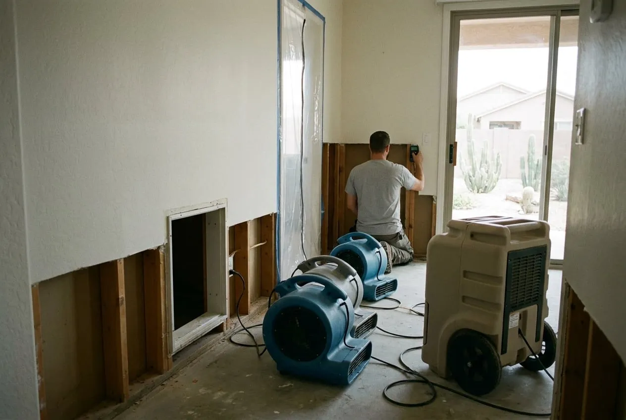 Air movers and a dehumidifier dry a north Phoenix hallway where the lower drywall was cut away around a plumber's access opening.