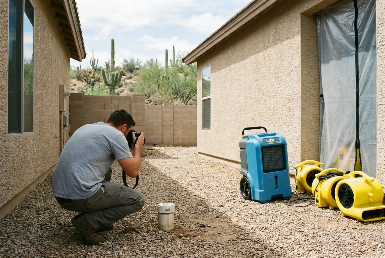 A technician photographs a capped sewer cleanout in the side yard of a north Phoenix stucco home.
