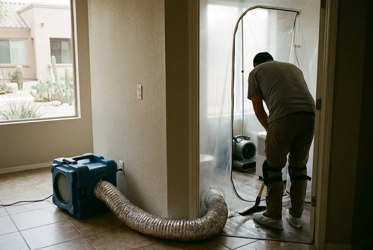 Containment plastic seals a ground-floor condo bathroom in north Phoenix while a technician removes wet flooring.