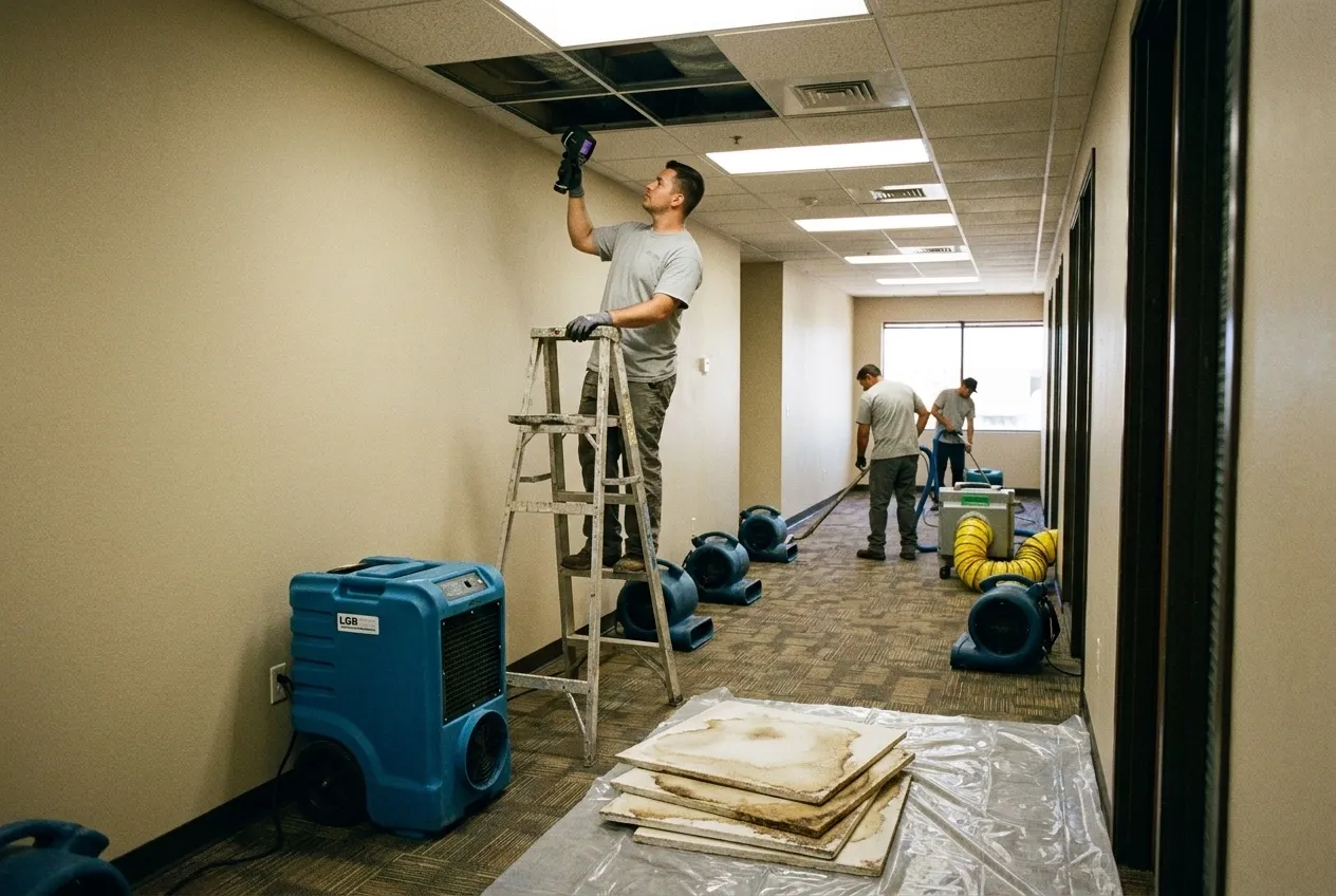 A technician scans the space above a suspended office ceiling with a thermal camera while removed ceiling panels wait on a drop cloth below.