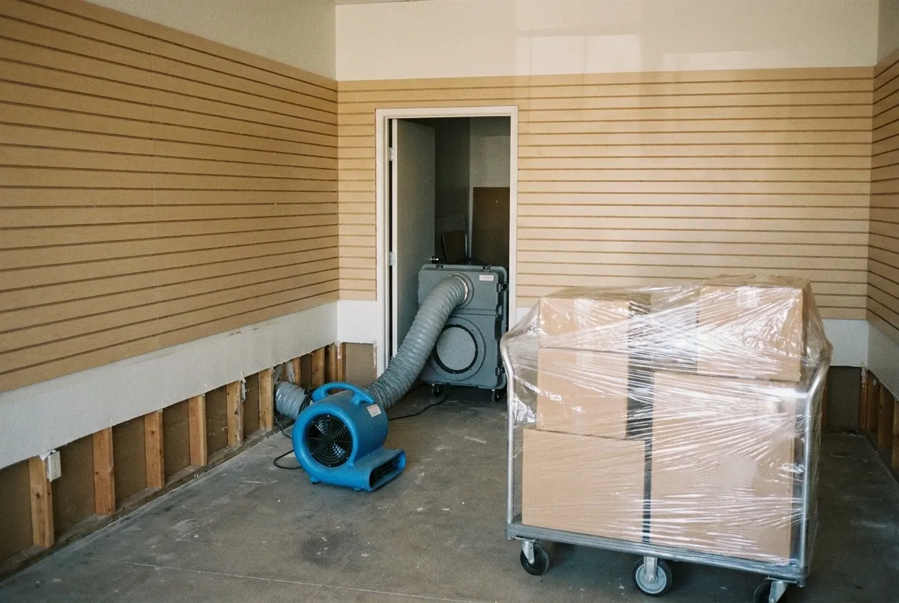 An air mover dries an opened wall base in an emptied retail suite while covered stock waits on a cart and an air scrubber runs nearby.
