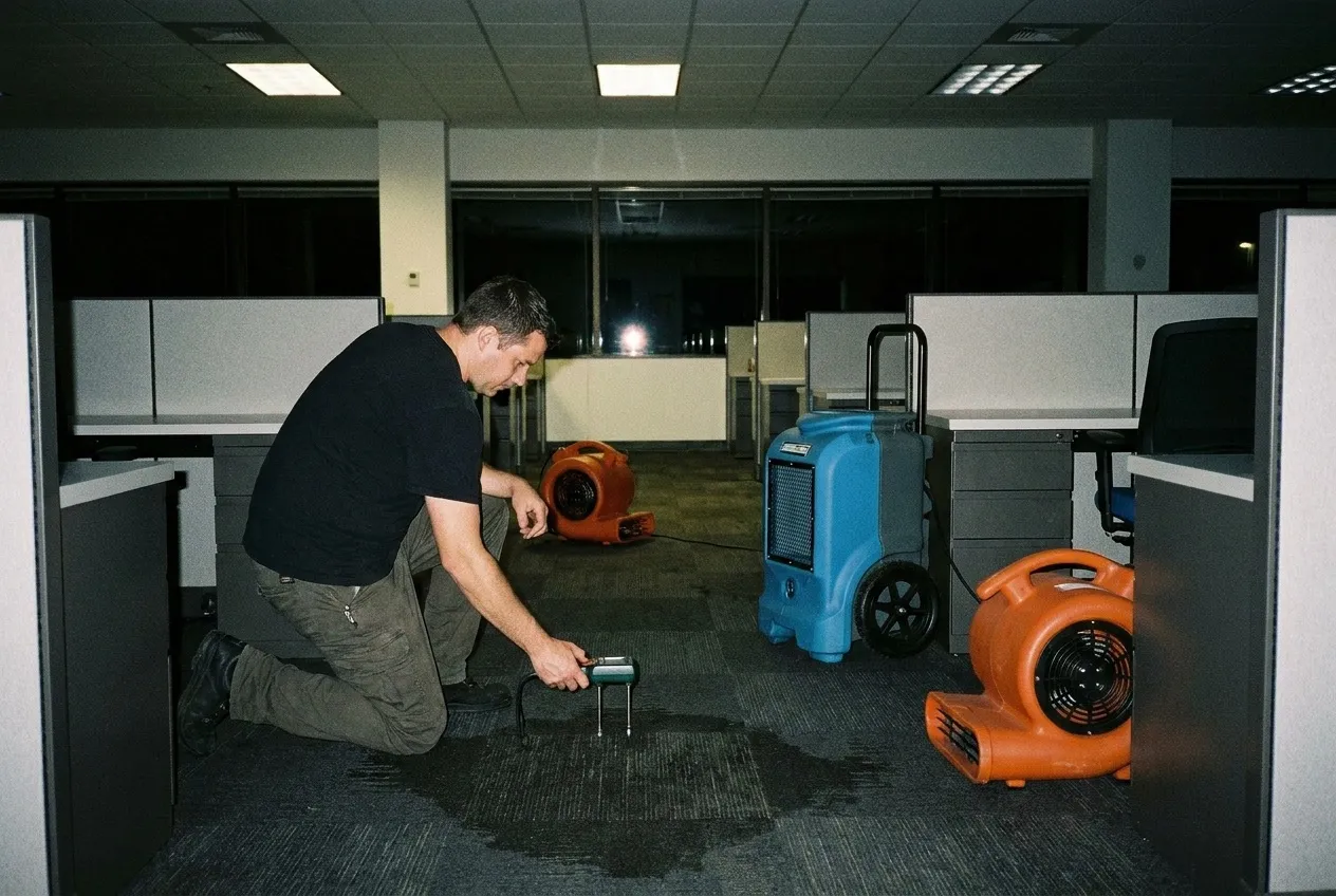 A technician checks a wet office floor with a pin moisture meter after hours while air movers and a dehumidifier run between dark workstations.