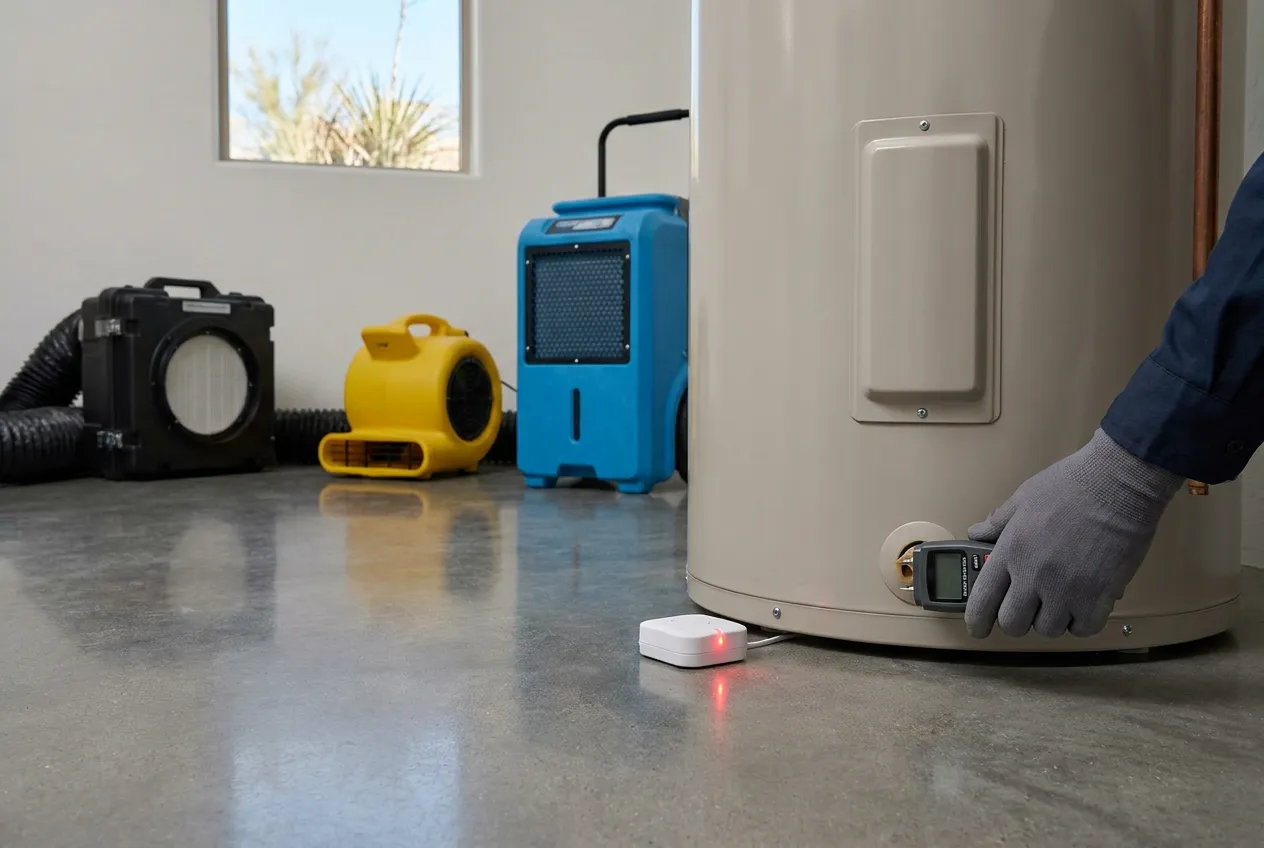 A leak sensor sits beside the water heater in a Paradise Valley home's mechanical room, its indicator light reflected in the polished concrete floor.