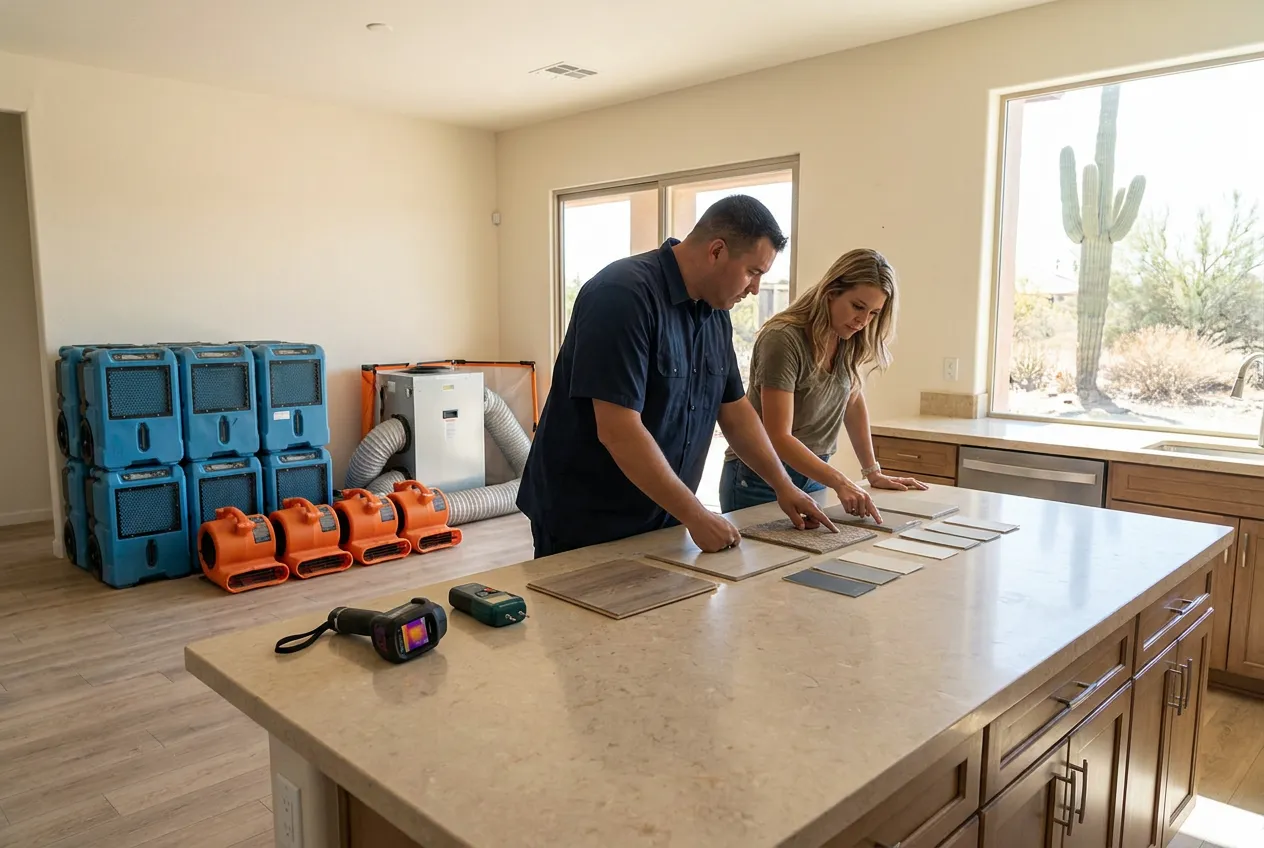 A Water Fighters crew lead reviews wood flooring samples with a house manager at a Paradise Valley kitchen island while staged drying equipment waits along the wall.
