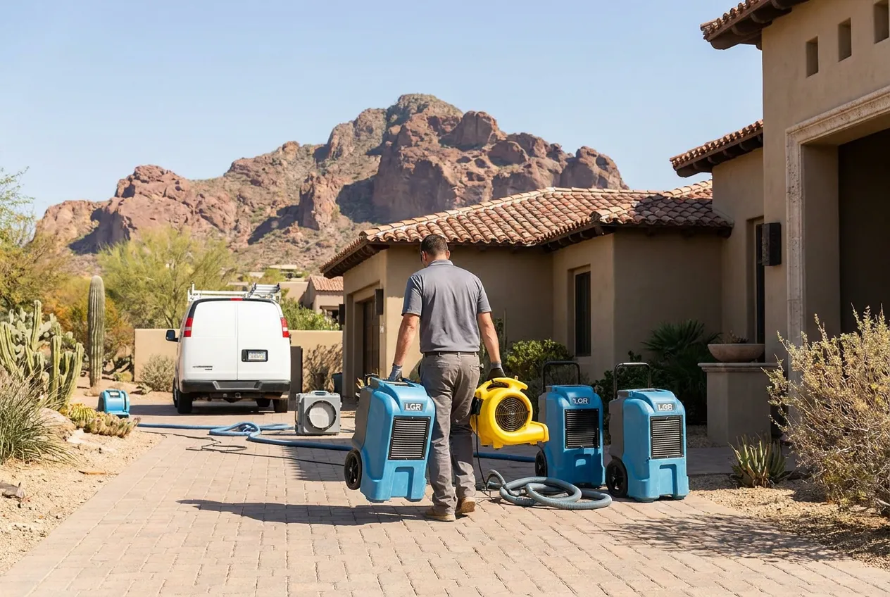A Water Fighters technician carries drying equipment up the drive of a Paradise Valley estate with Camelback Mountain rising behind the roofline.