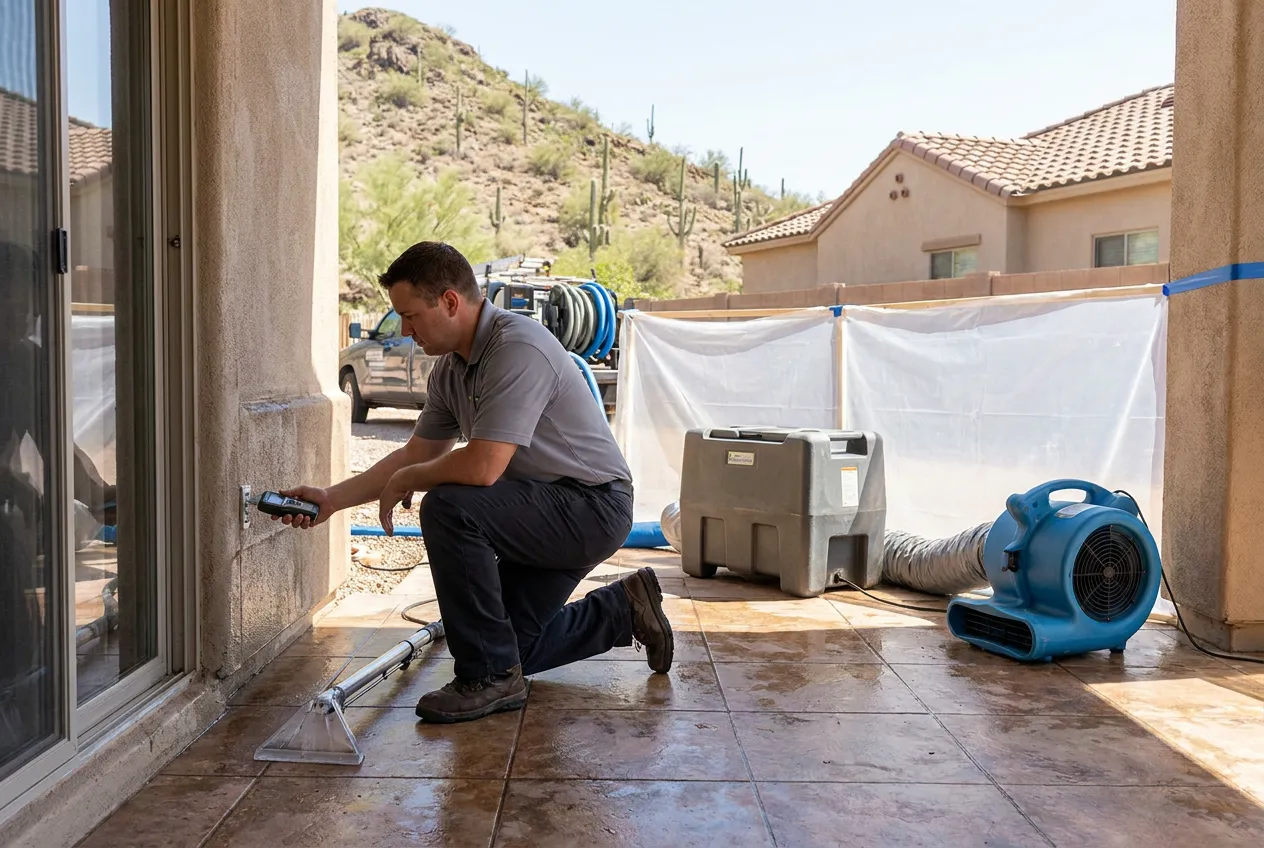A technician examines stormwater entry at a Paradise Valley home below a desert mountain slope.