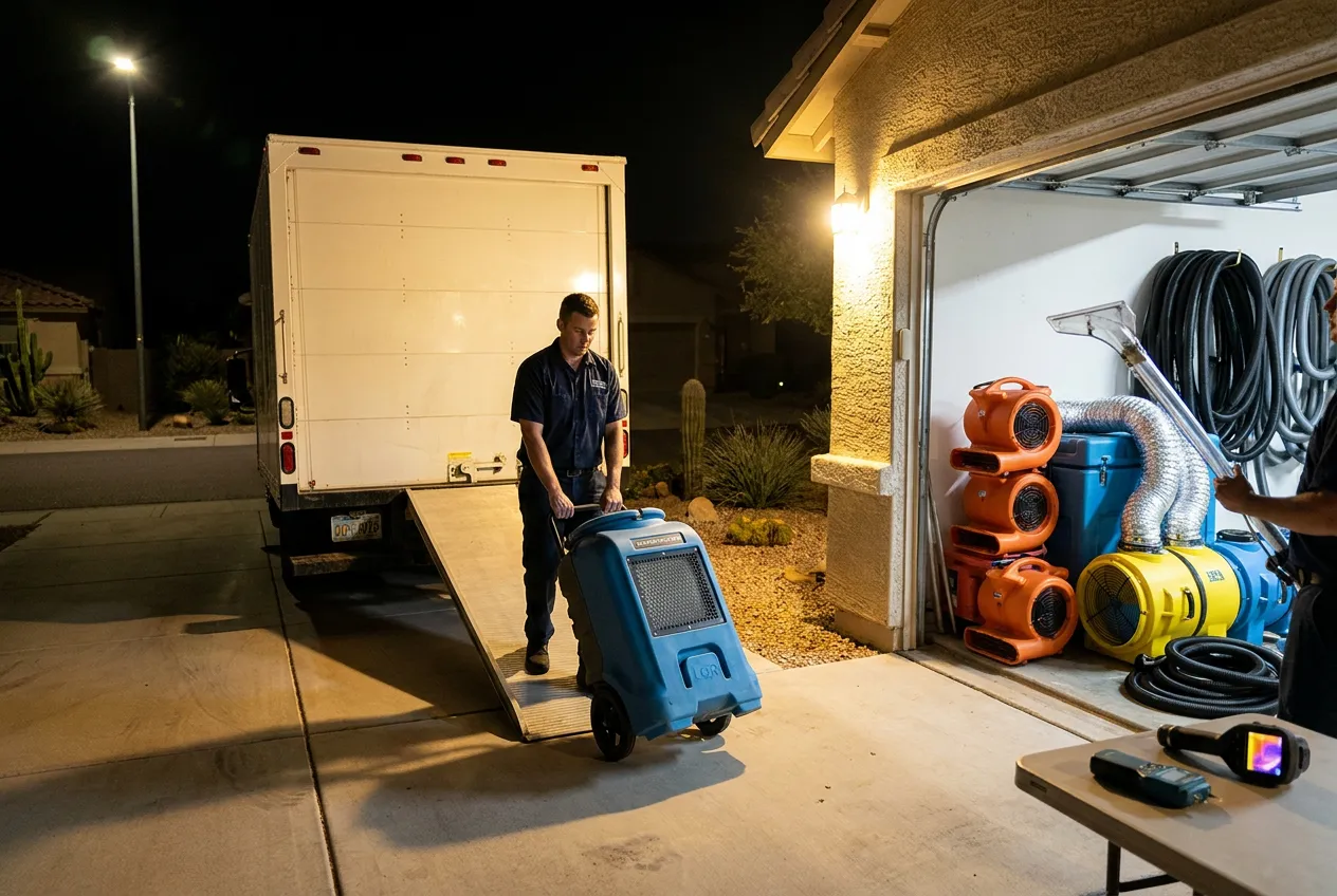 A Water Fighters extraction truck staged in a Peoria driveway at night as crew members unload air movers toward a flooded garage.