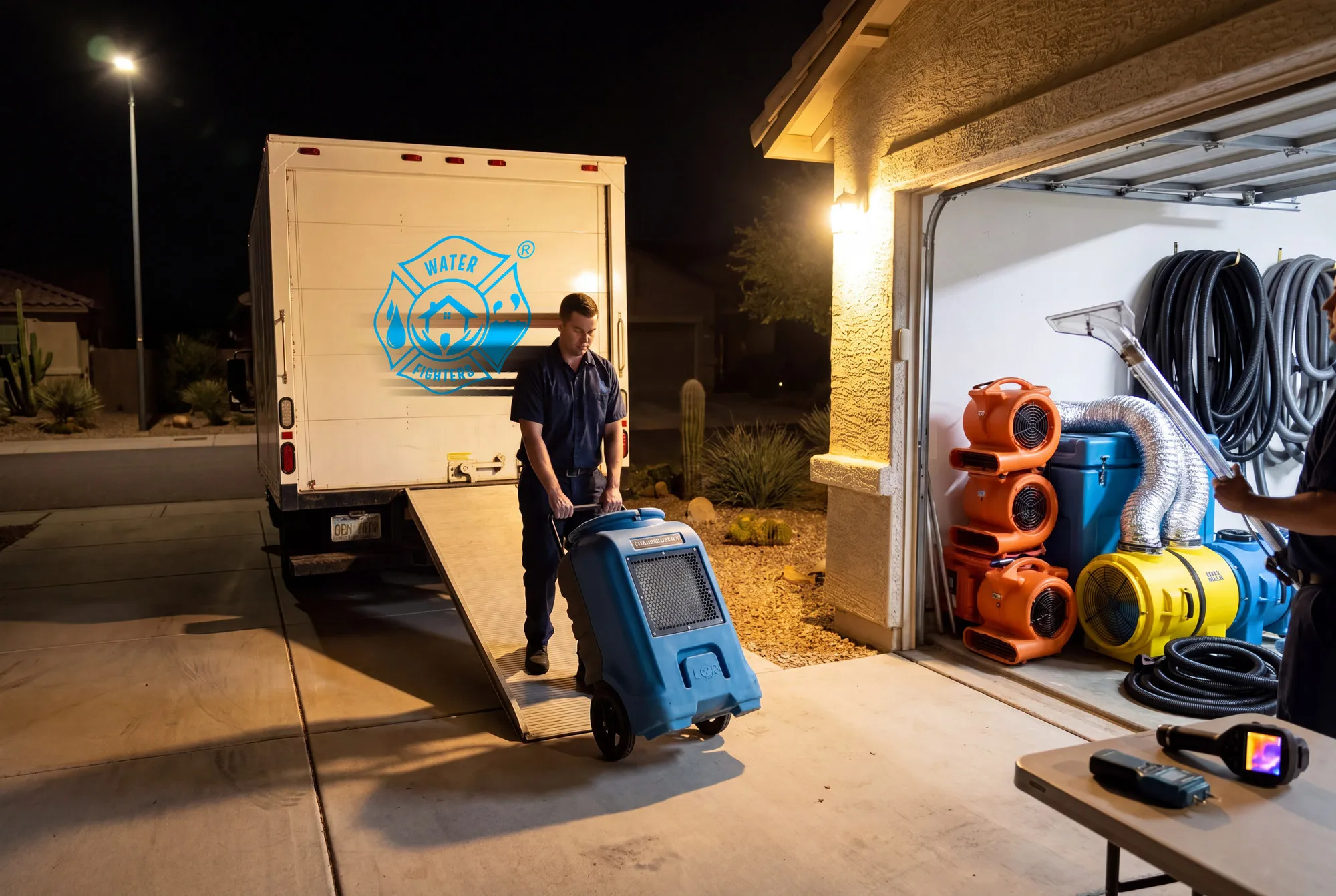 A Water Fighters extraction truck staged in a Peoria driveway at night as crew members unload air movers toward a flooded garage.