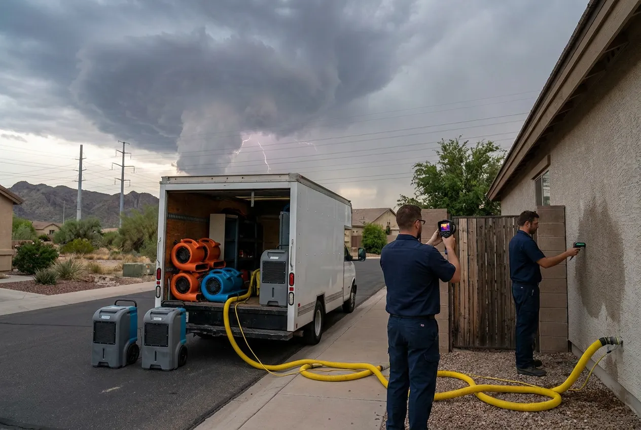 A monsoon storm cell with visible lightning builds over the desert at the northern edge of Peoria, Arizona at dusk.