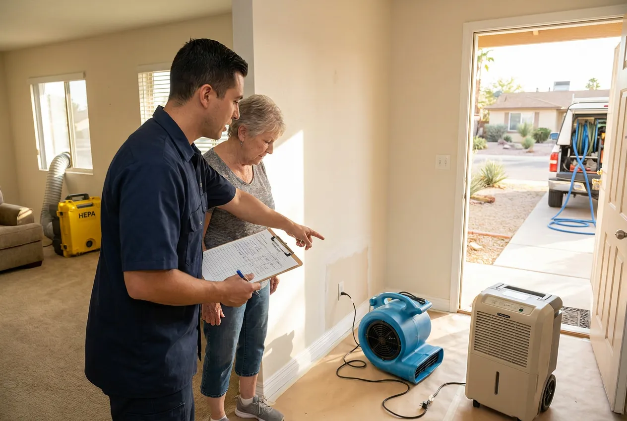 A Water Fighters crew lead reviews finished drywall and baseboard repairs with a Peoria homeowner while holding the original scope sheet.