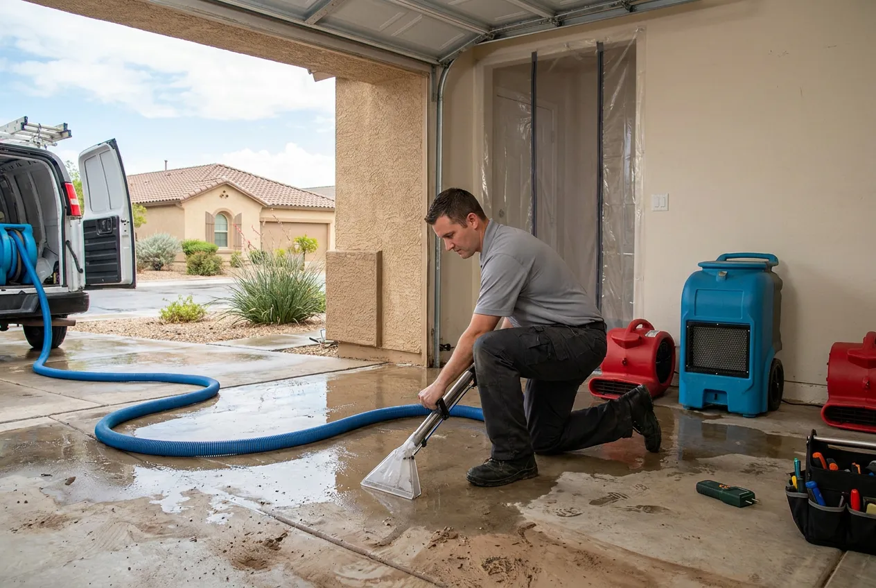 A restoration technician sets an extraction hose at a flooded Peoria garage after a monsoon storm.