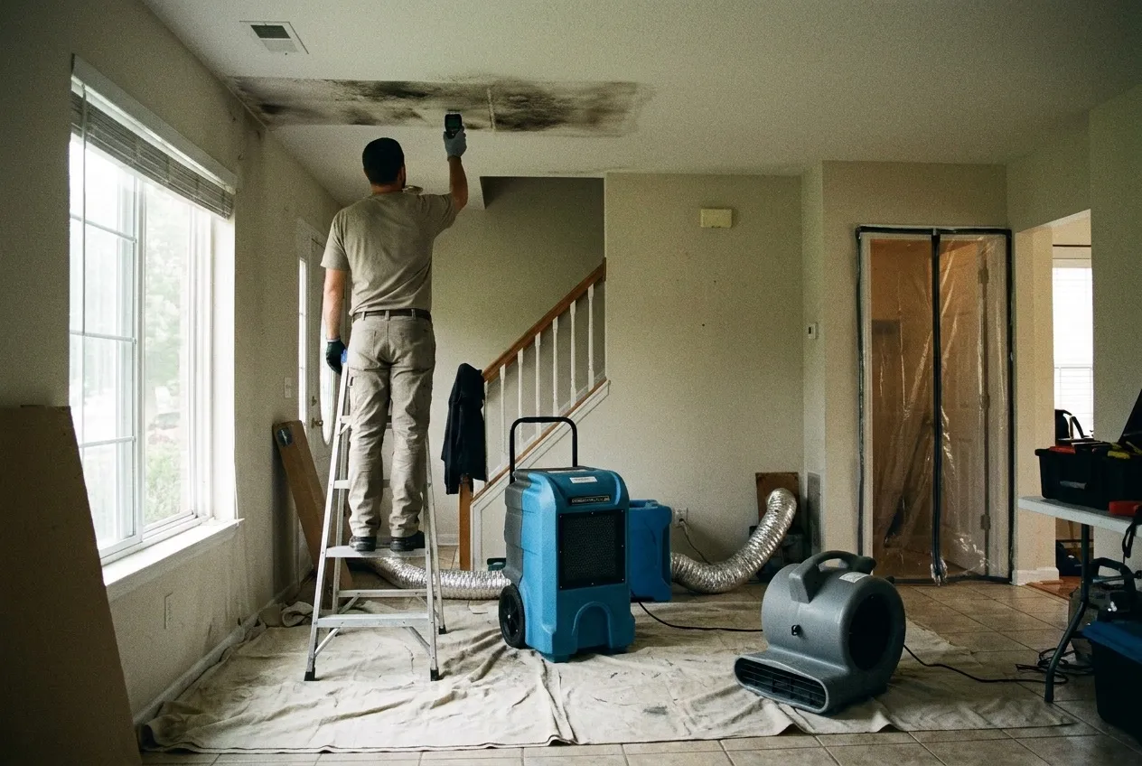 A technician checks a stained family-room ceiling below an upstairs bathroom in a two-story Peoria home.