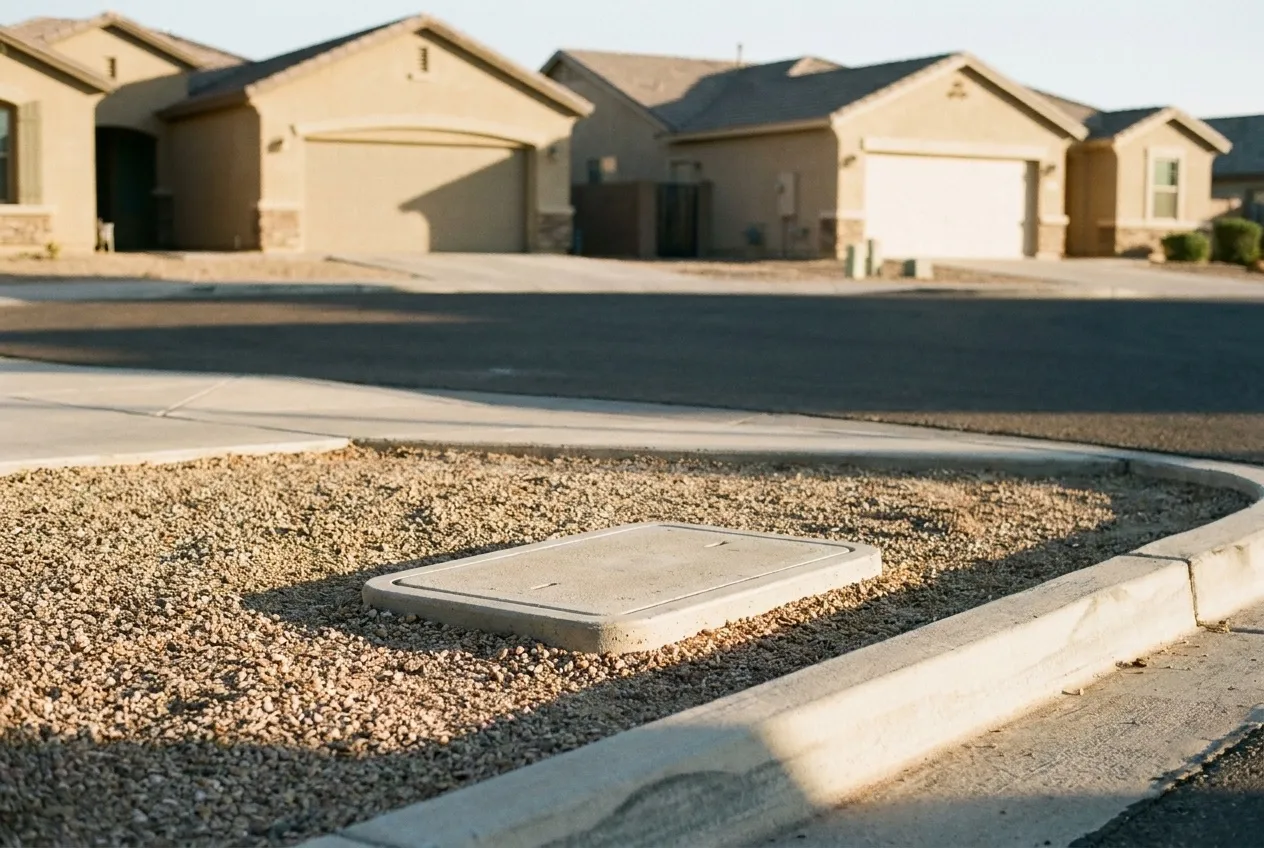 A water meter box lid sits in a gravel front yard beside the curb on a quiet Peoria street.