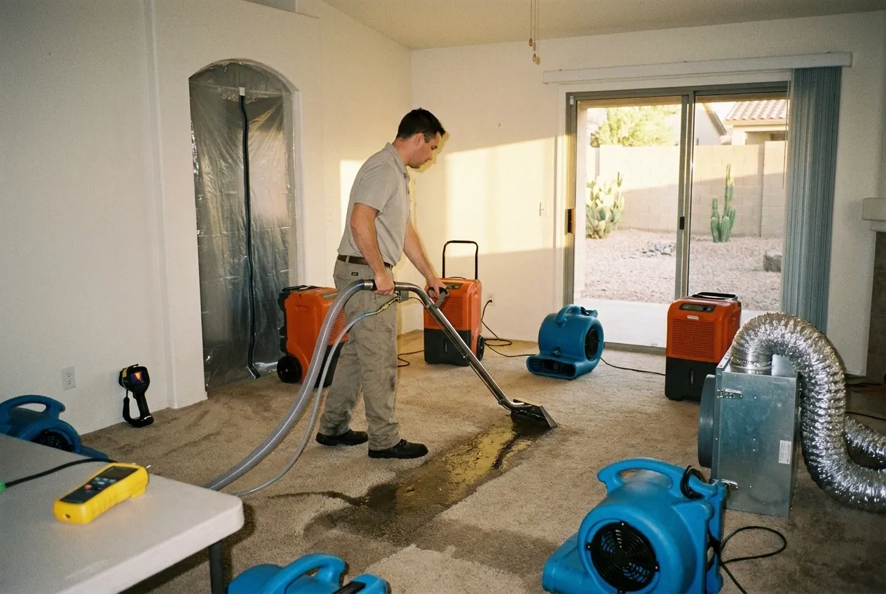 A technician extracts water from a soaked living-room carpet in a single-story Peoria home.