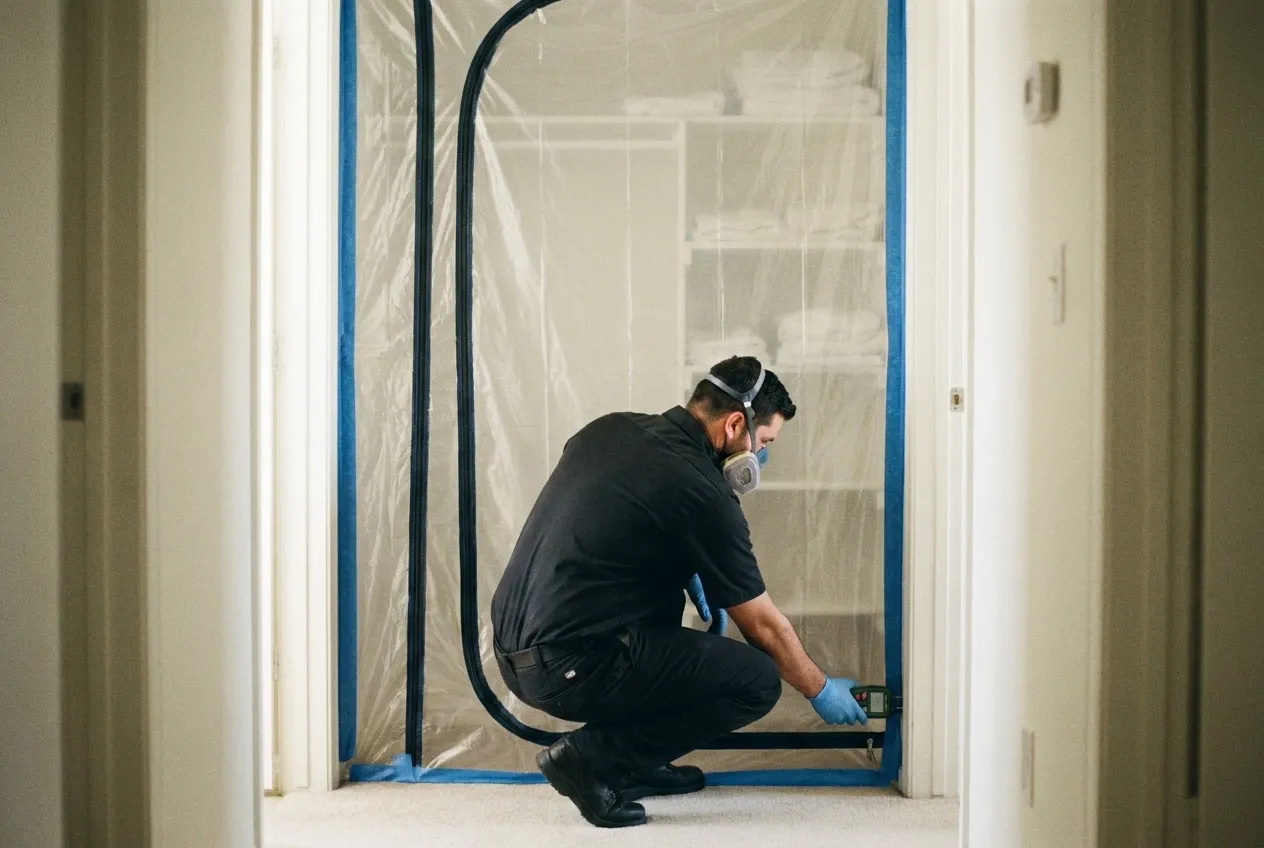 A technician in a respirator meters the base of a shared hallway wall at the plastic containment around a linen closet in a Peoria patio home.