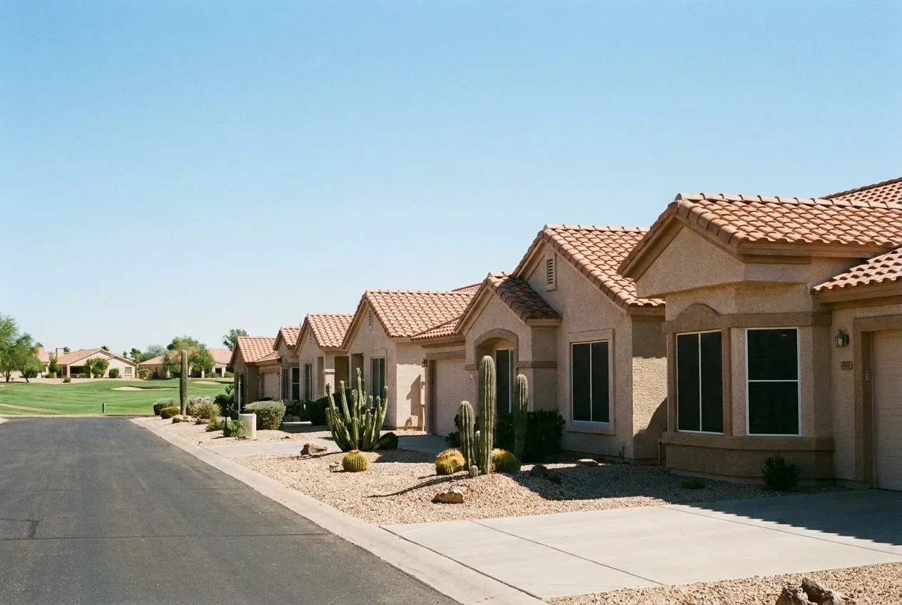 A row of single-story attached patio homes beside a golf fairway in a Peoria active-adult neighborhood.