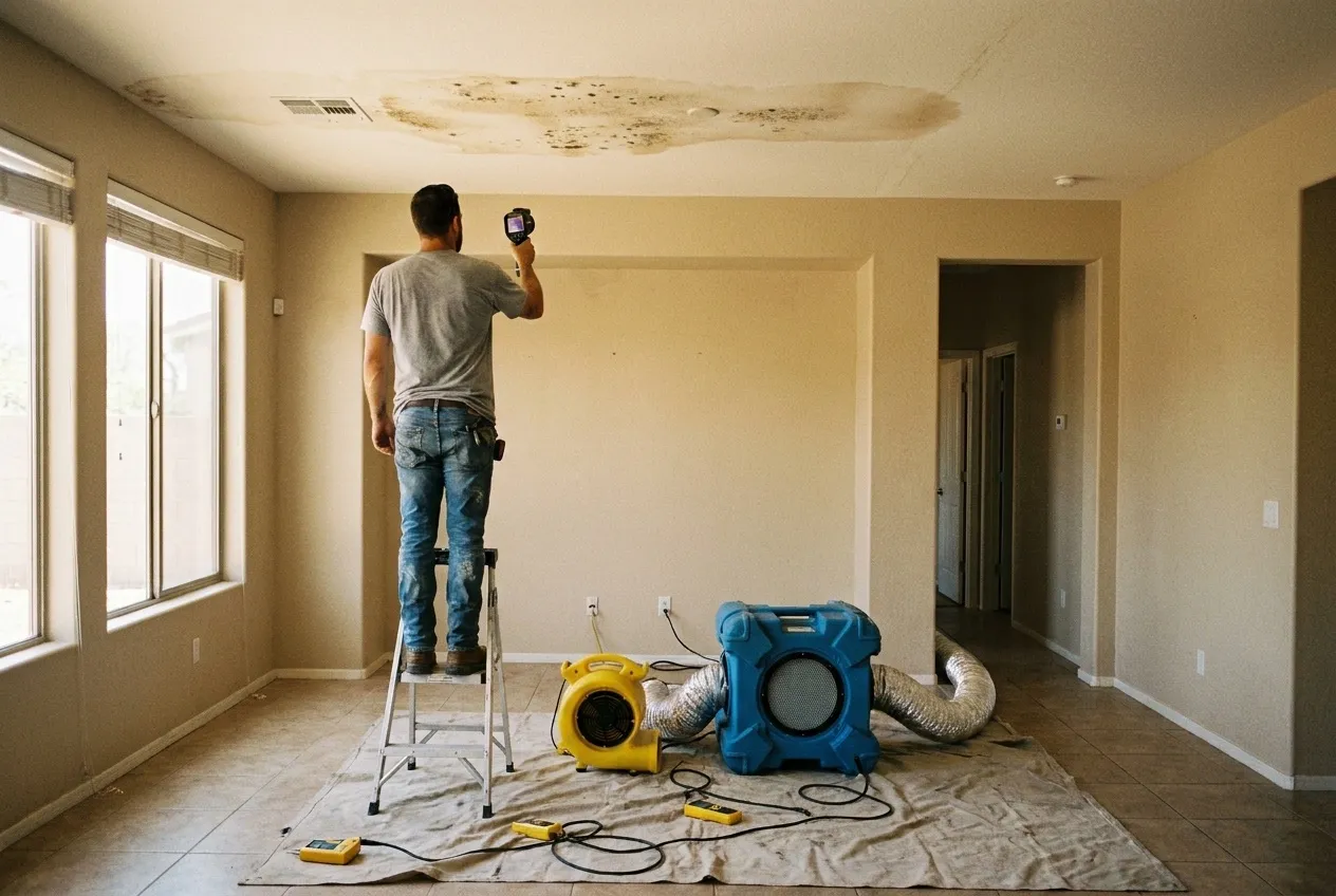 A technician scans a stained family-room ceiling below an upstairs bathroom with a thermal camera in a two-story Peoria home.