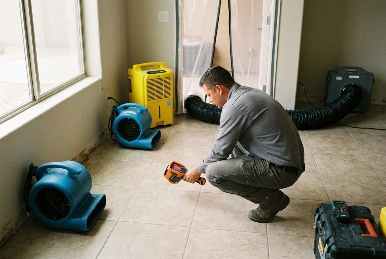 A technician scans a tile floor with a thermal camera over a slab leak in a Peoria home.
