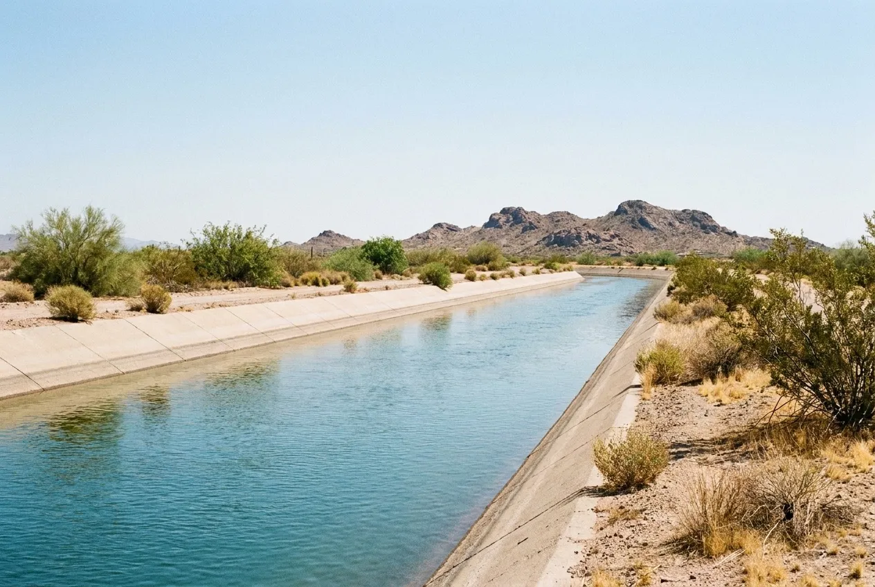 The Central Arizona Project canal crosses open desert in the northwest Valley under a clear morning sky.