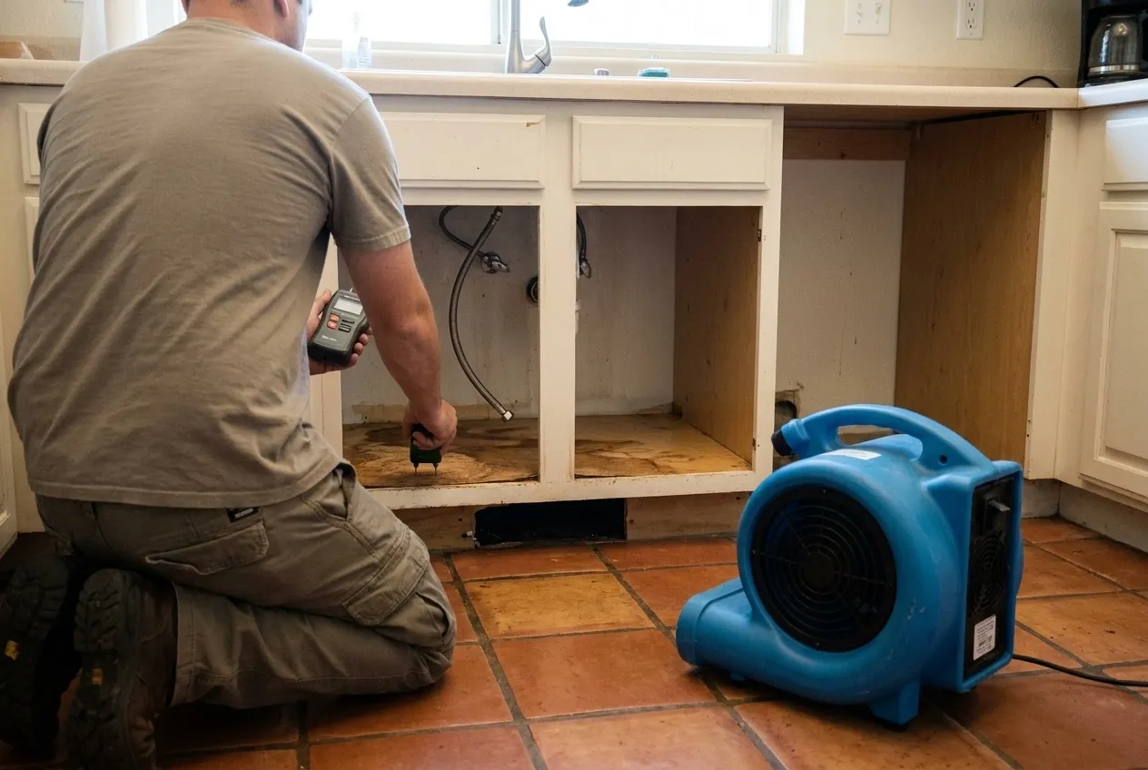 A technician meters a swollen cabinet floor under a kitchen sink after a supply line failed in a Peoria home.