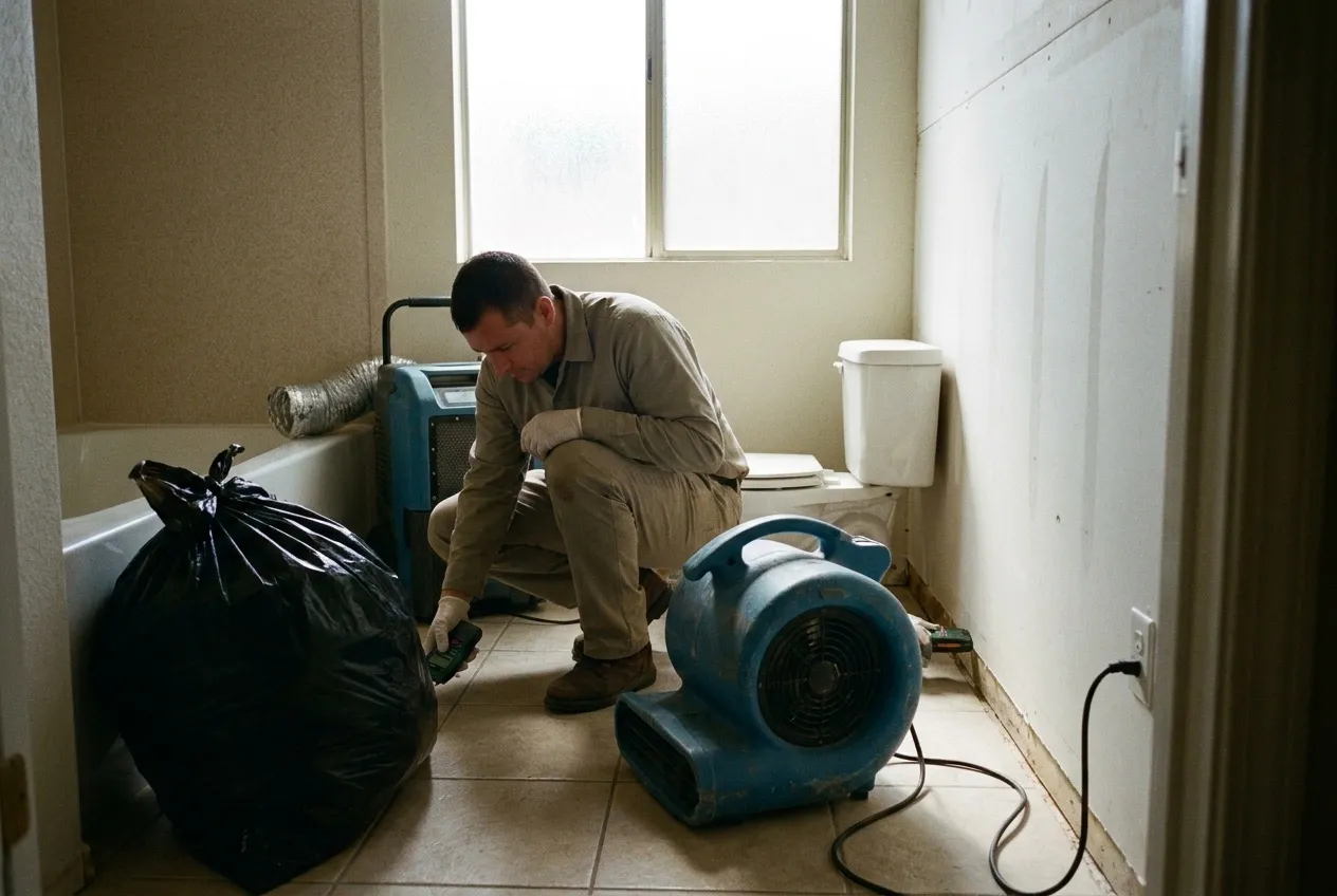 A technician takes moisture readings in a bathroom with the baseboard removed after a sewage backup in a Peoria home.