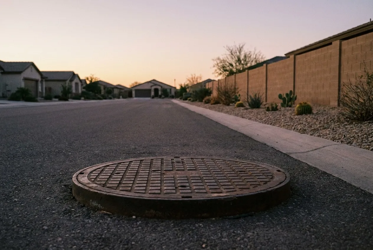 A sewer manhole cover sits in the pavement of a quiet residential street in Peoria at dawn.