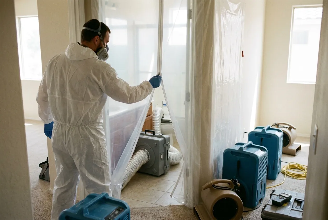 A technician in coveralls and a respirator closes a zippered containment door at a hallway bathroom during sewage cleanup in a Peoria home.