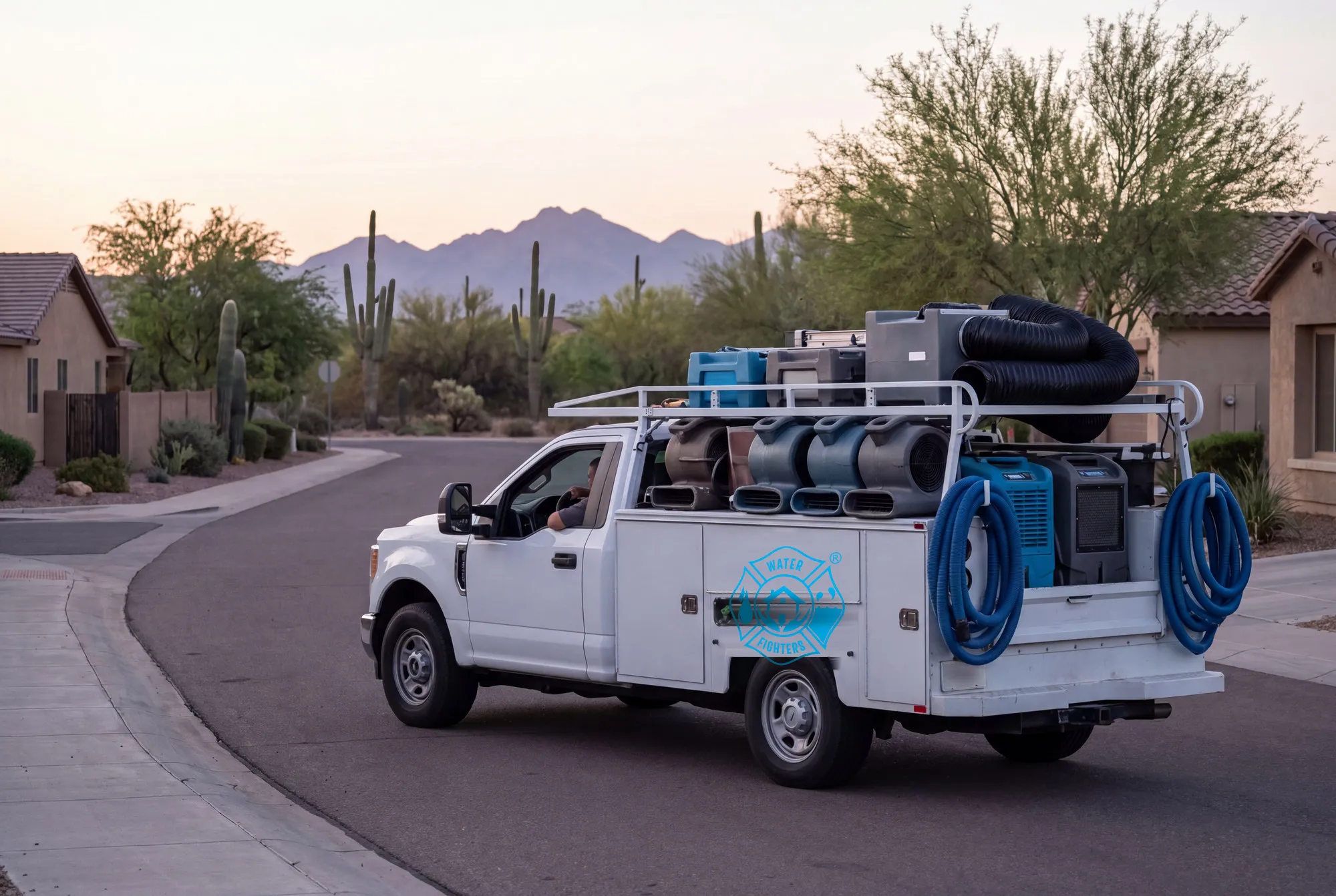 A Water Fighters truck loaded with extraction equipment pulls out at dawn in Peoria, Arizona, with the White Tank Mountains on the horizon.