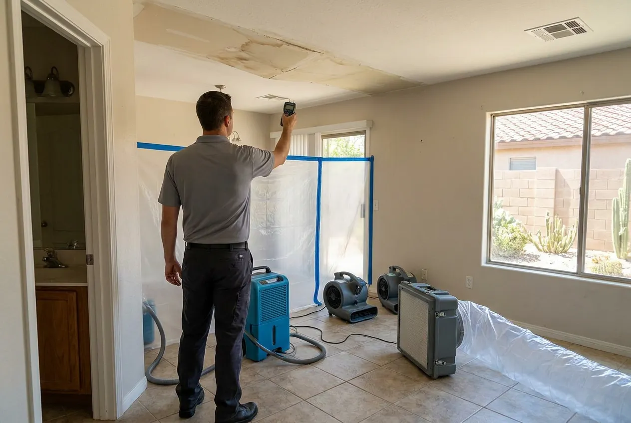 A restoration technician stands clear of a sagging water-damaged ceiling while inspecting it from the room doorway.