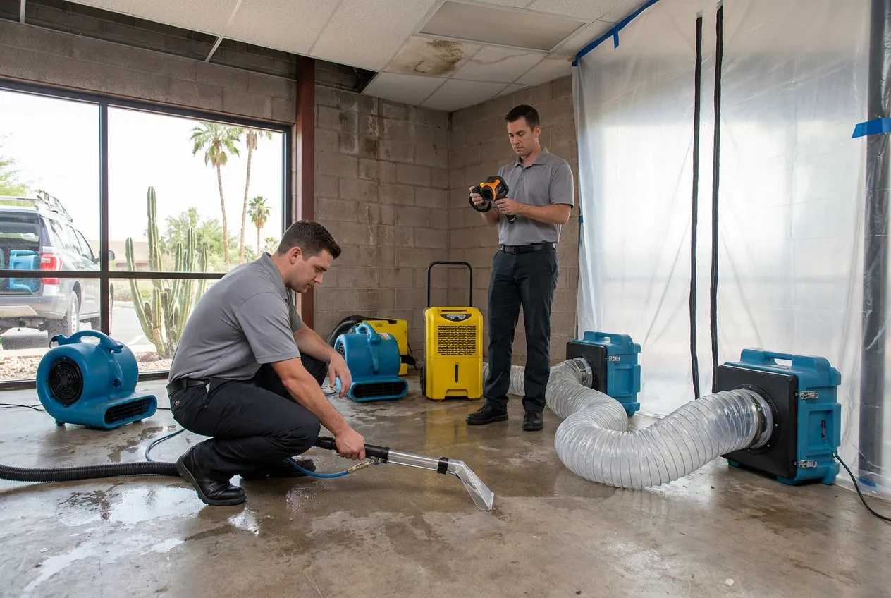 A restoration crew extracts water from a Phoenix tenant space after one ceiling sprinkler head discharged overnight.