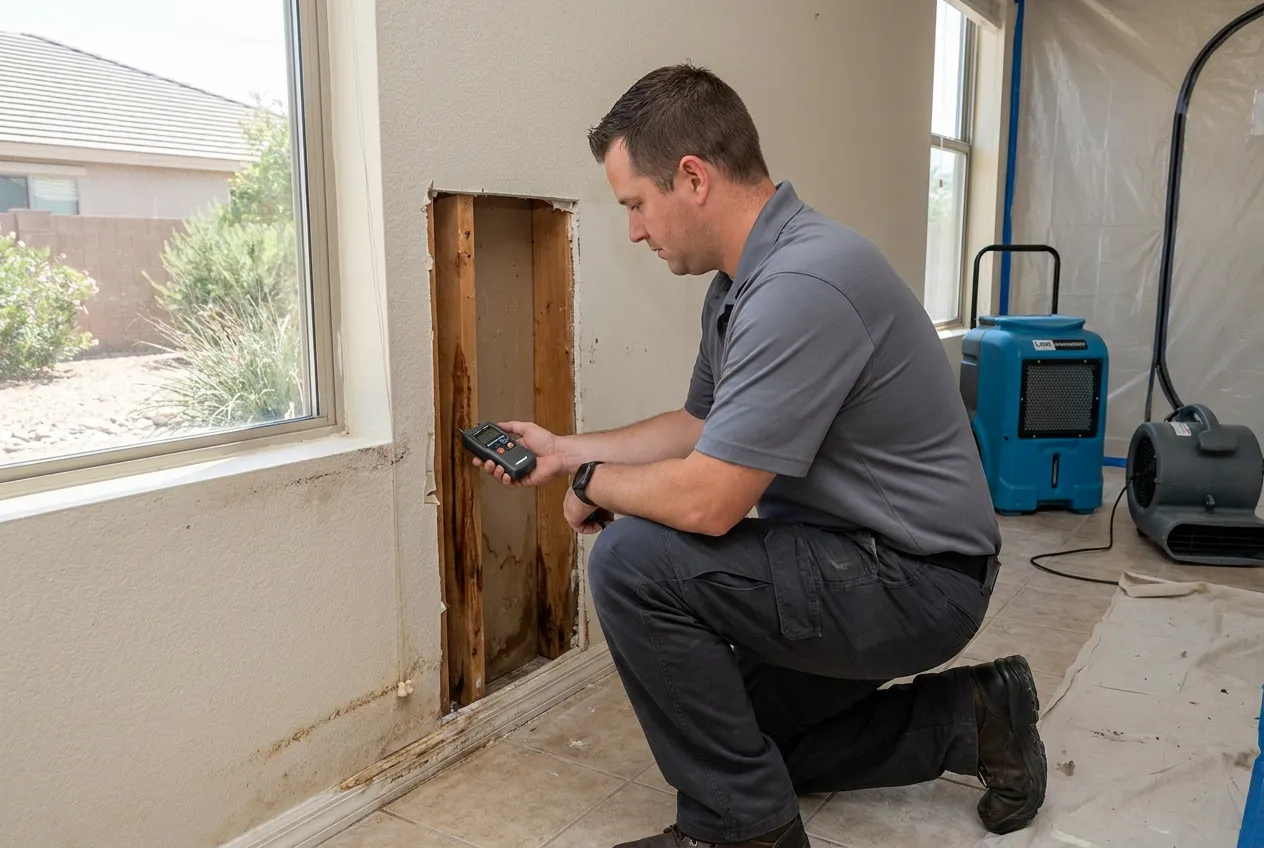 A restoration technician inspects an open wall cavity beside a stained baseboard in a Phoenix home.
