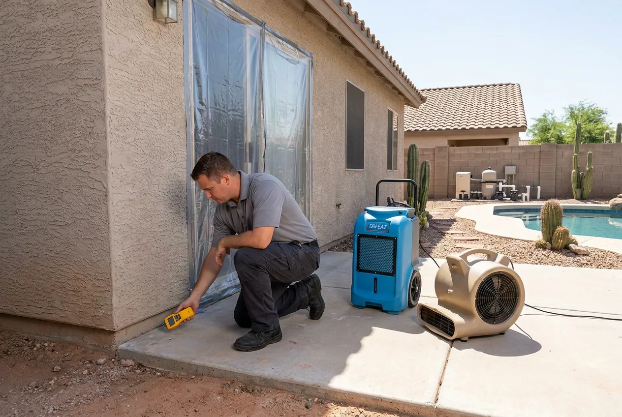 A technician checks slab-adjacent moisture beside a Phoenix home while a residential pool and equipment pad sit nearby.
