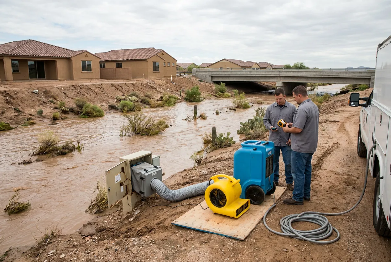 Monsoon flow moves through a Queen Creek wash beneath a road crossing, with new neighborhood rooftops visible beyond the bank.
