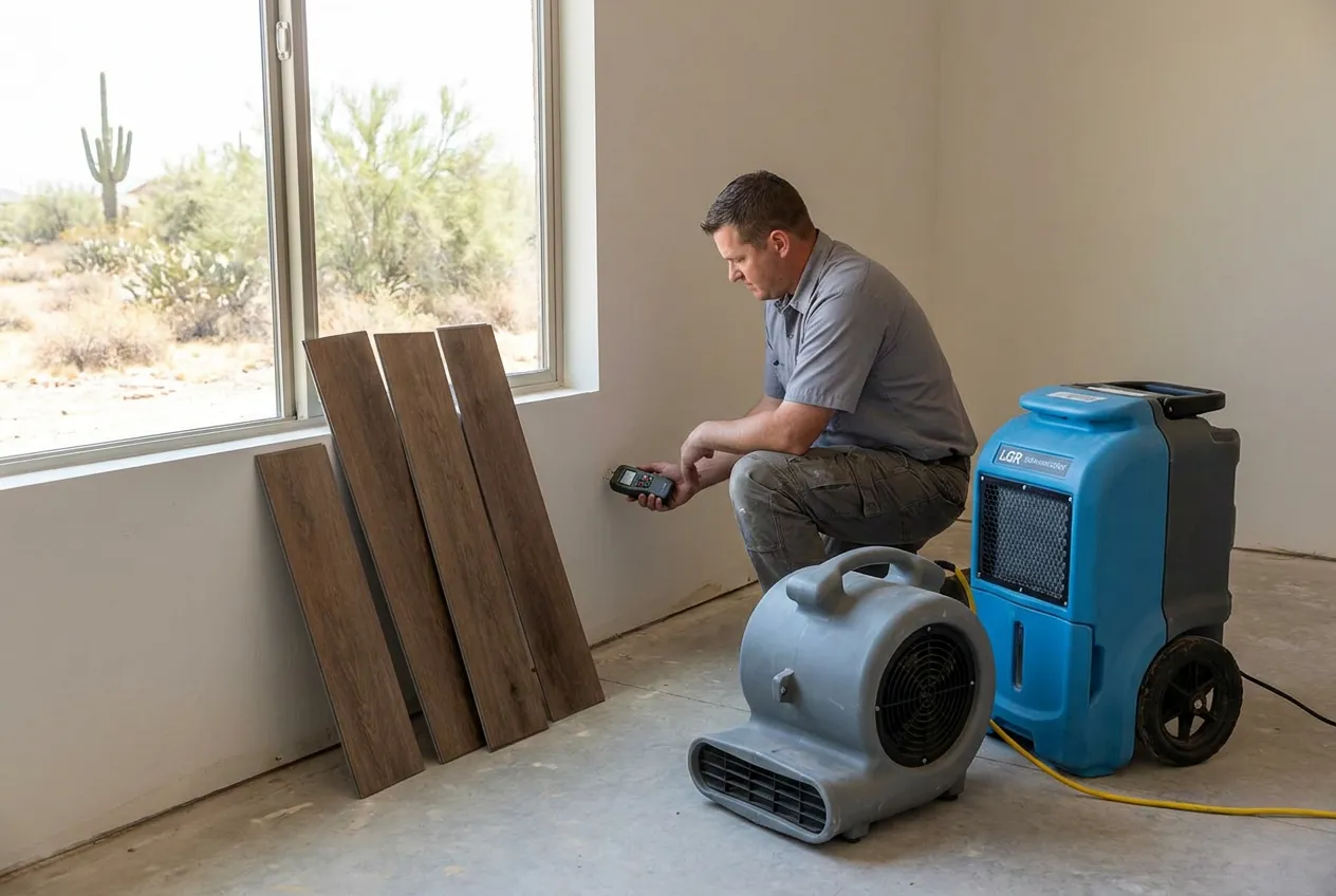 A Water Fighters technician meters the base of a wall in a new Queen Creek home while lifted luxury vinyl plank planks sit staged for drying.