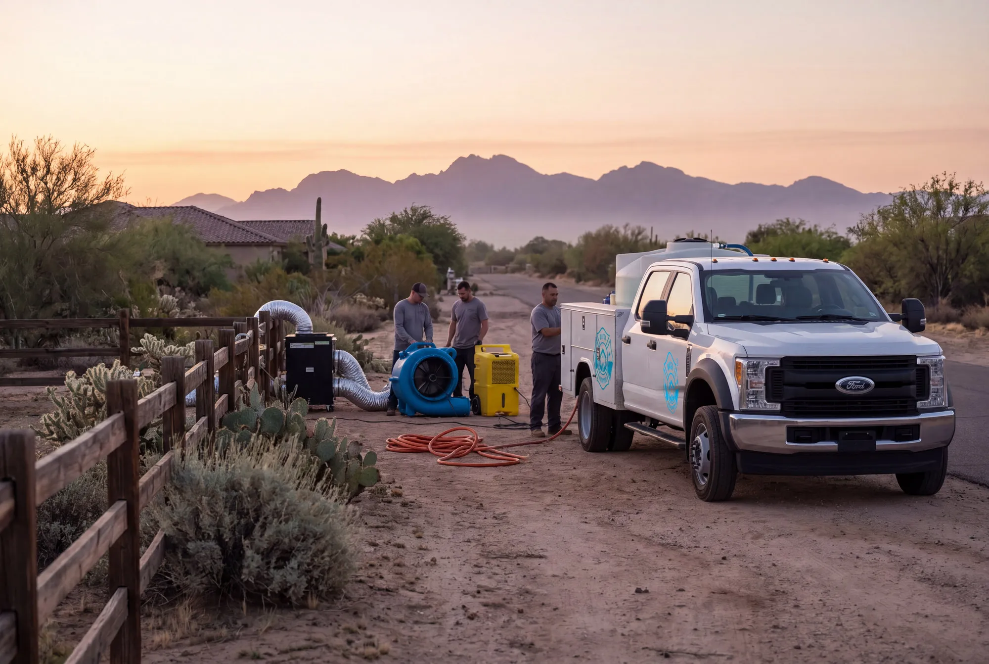 A Water Fighters truck on a Queen Creek acreage street at sunrise, horse fencing in the foreground and the San Tan Mountains behind.