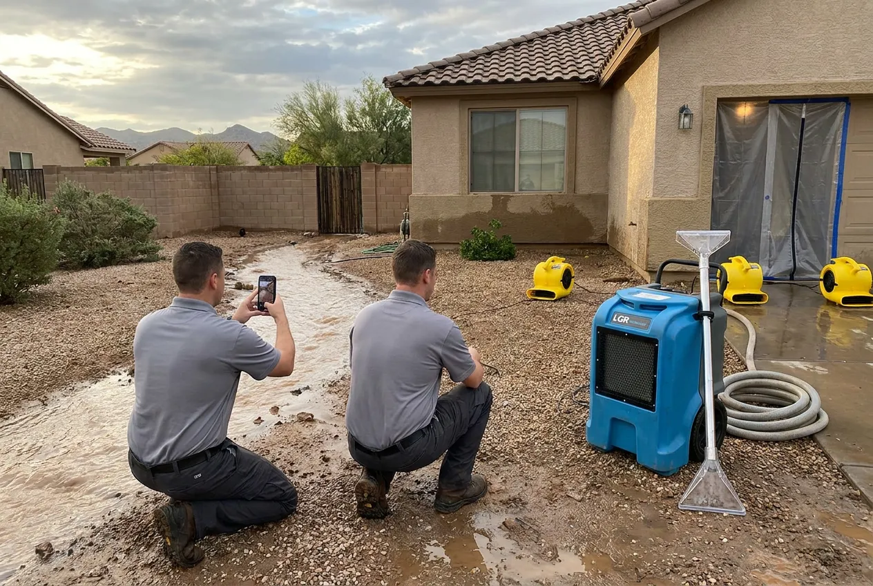 A restoration technician photographs delayed wash runoff near a flooded Queen Creek home after the local rain has ended.