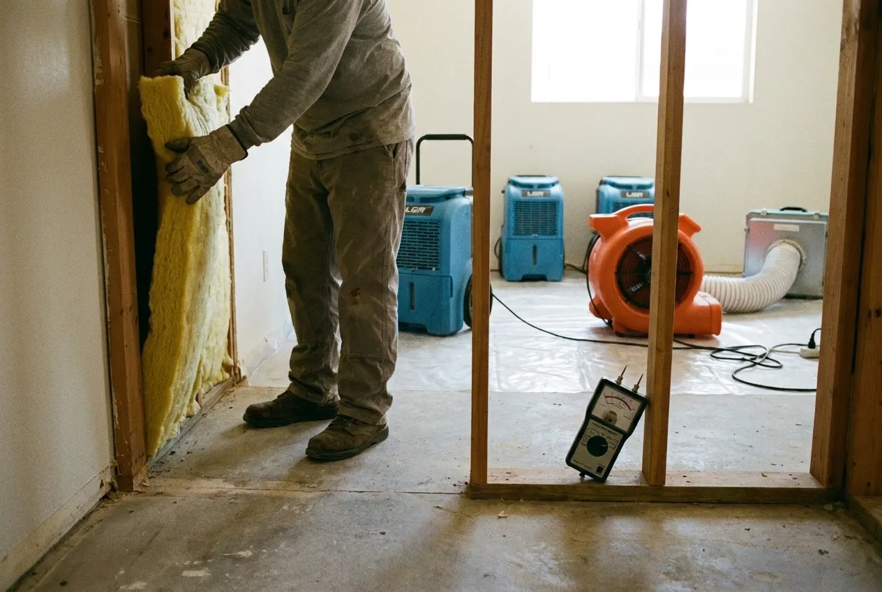 New insulation is fitted into an opened wall bay while a pin moisture meter checks the bottom plate in the bay beside it.