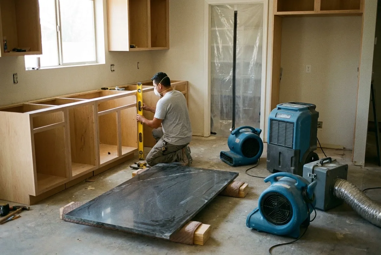 A technician levels new lower cabinet boxes in a Phoenix kitchen while the stone countertop waits on padded blocks nearby.