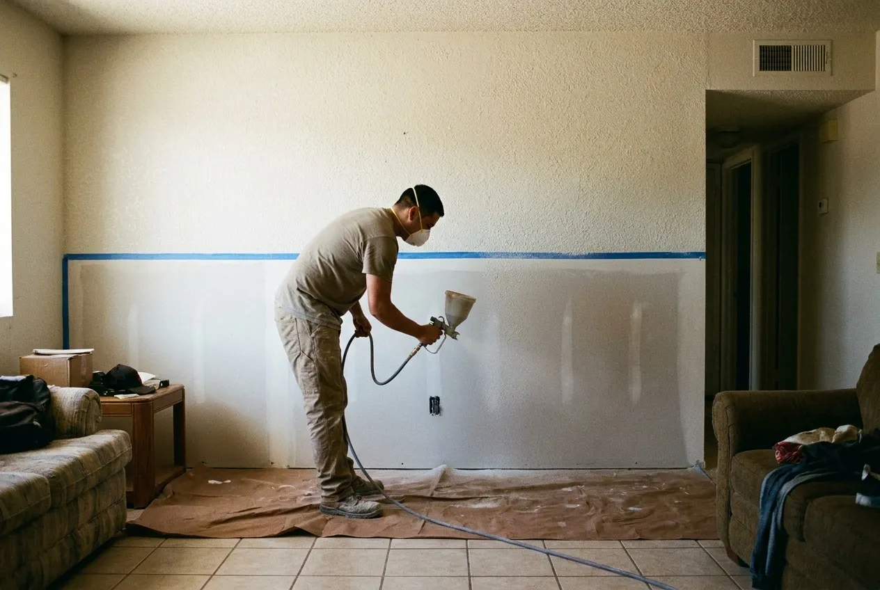 A technician sprays knockdown texture onto new drywall along the lower half of a living-room wall so it matches the original wall above.