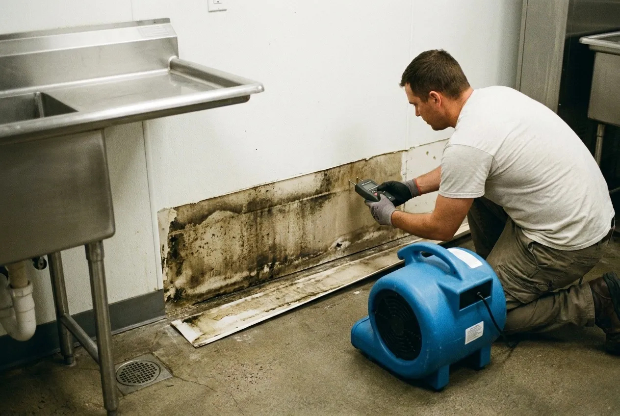 A technician tests wet drywall behind a removed panel of kitchen wall paneling beside a prep sink and floor sink.
