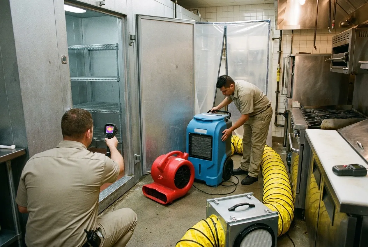 A technician scans the doorway of an emptied walk-in cooler with a thermal camera while an air mover and a dehumidifier dry the kitchen floor outside.