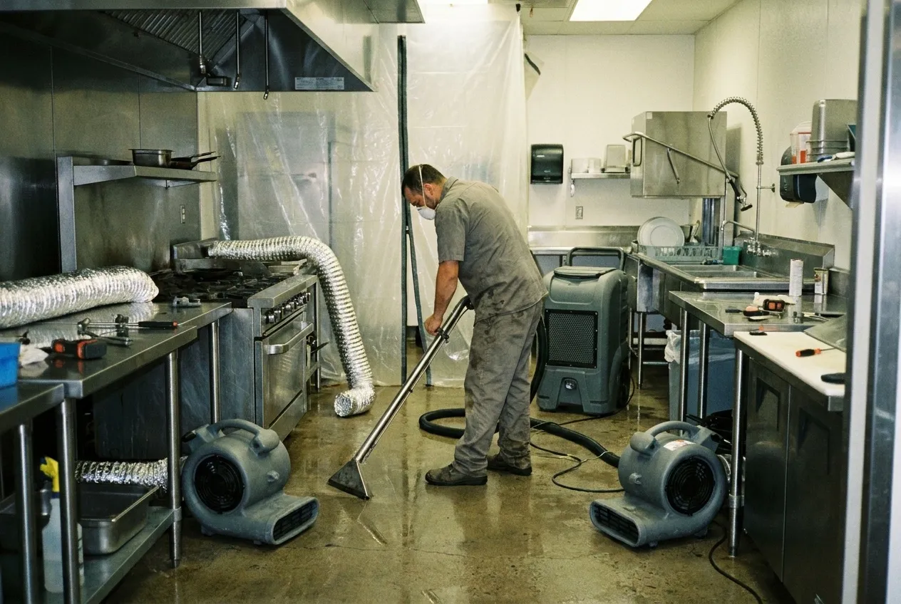 A technician extracts water from a restaurant kitchen floor beside the cook line after close while air movers dry near the equipment.