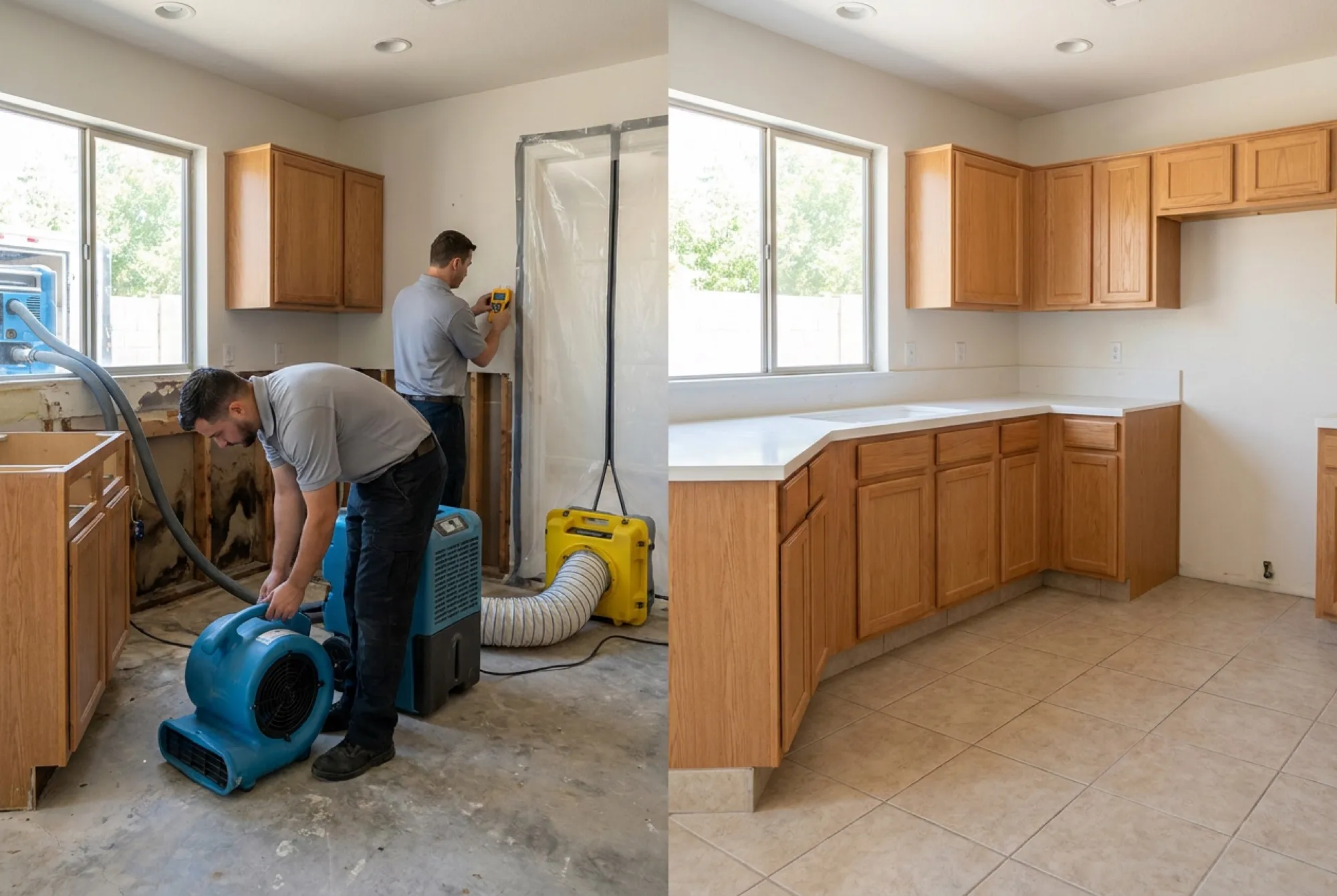Before and after of a Phoenix kitchen water loss — the left side shows flood cuts and removed cabinets during drying, the right side shows the finished rebuild with new cabinetry and flooring by the same team.