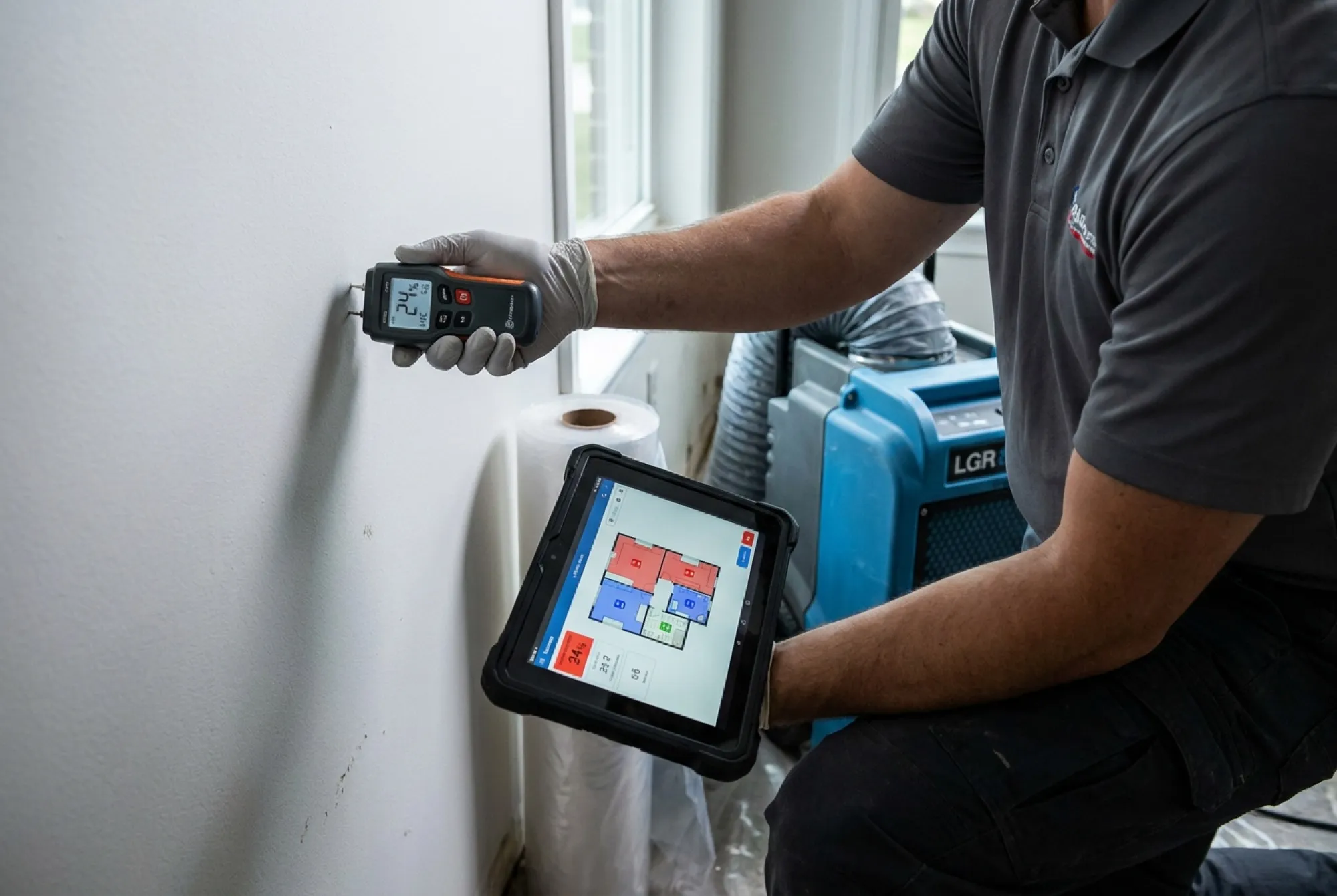 A Water Fighters technician records moisture readings from a Phoenix living room wall onto a tablet showing the room's drying map, part of the documentation sent to the insurance adjuster.